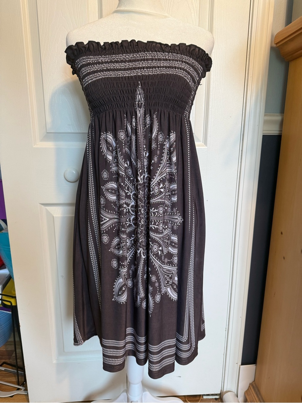Chesley Strapless Brown Paisley Print Sundress